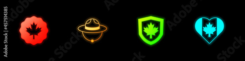Set Canadian maple leaf, ranger hat, Canada flag on shield and Heart shaped icon. Vector