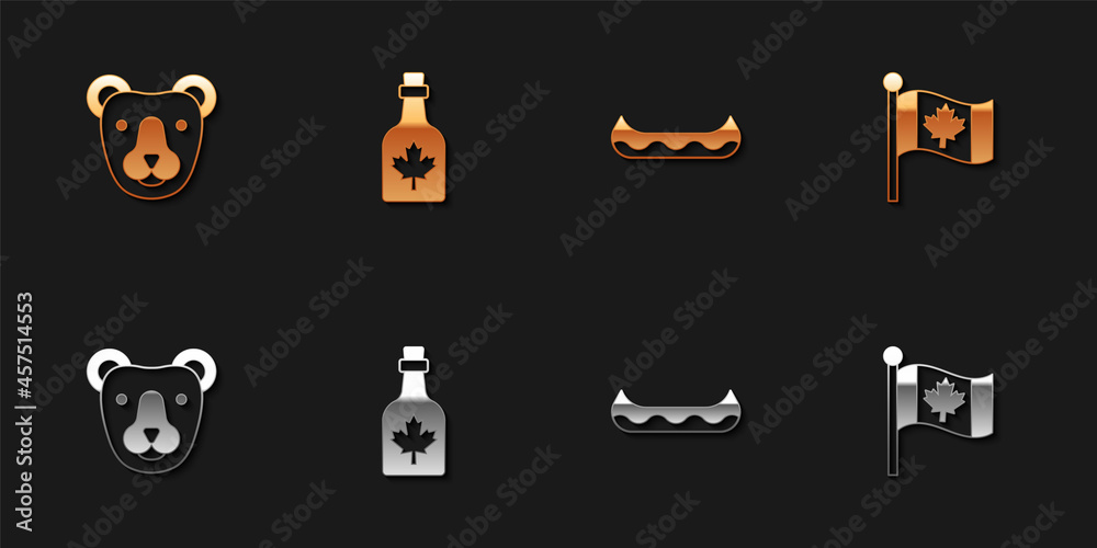 Set Bear head, Bottle of maple syrup, Kayak and Flag Canada icon. Vector Set Bear head, Bottle of maple syrup, Kayak and Flag Canada icon. Vector