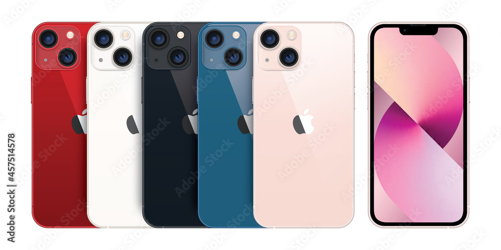 Vecteur Stock Venice, ITALY - SEPTEMBER 15, 2021 Presentation New iPhone 13  New Pink, New Blue, New Midnight, New Starlight, New Red color by Apple  inc. Mockup iPhone front and back side.