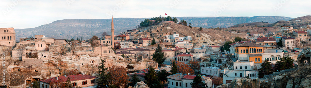 NEVSEHIR PROVINCE, CAPPADOCIA, TURKEY - October 2020. Panoramic view of Mustafapasa (old greek name 