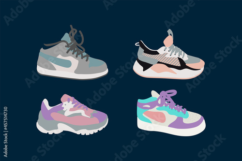 A set of illustrations of shoes for sports. Sneakers, sneakers, shoes, boots for sports, fitness, running. A fashionable collection of shoes for design. Vector illustration