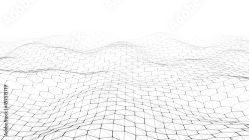 Futuristic vector hexagon wave. White cyberspace. Abstract wave with dots and line. Dark moving particles on background.