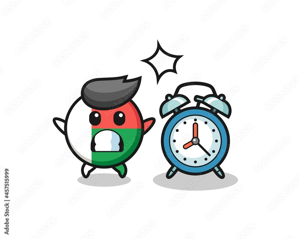 Cartoon Illustration of madagascar flag badge is surprised with a giant alarm clock