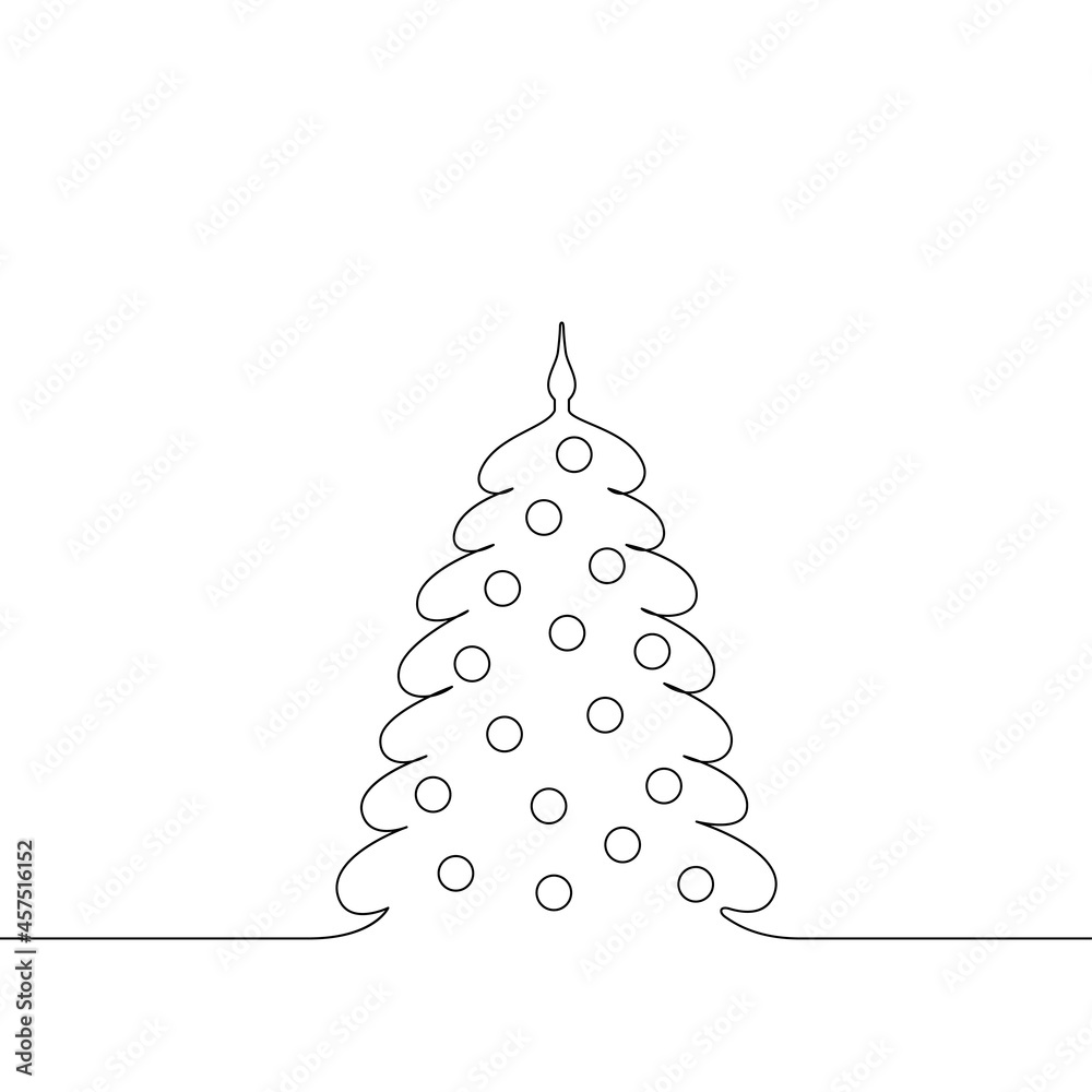 Christmas tree drawing vector, continuous single one line art style