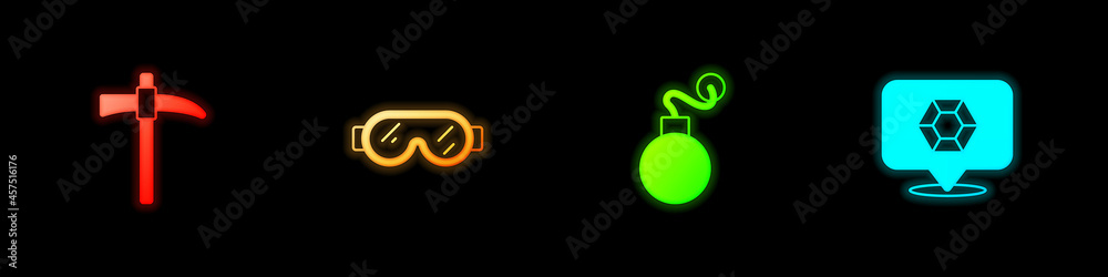 Set Pickaxe, Safety goggle glasses, Bomb and Gem stone icon. Vector Set Pickaxe, Safety goggle glasses, Bomb and Gem stone icon. Vector