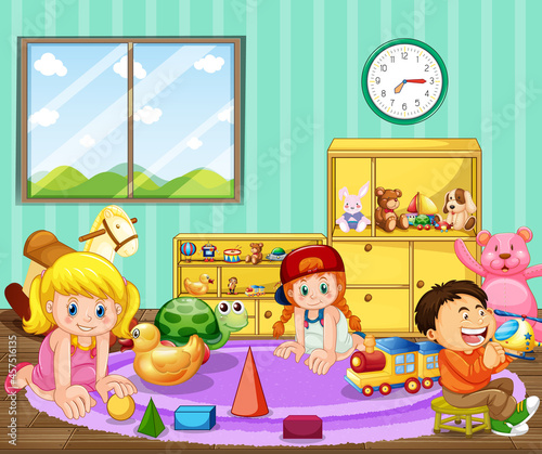KIndergarten room scene with many kids playing with their toys
