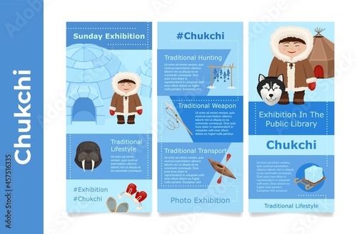 Exhibition poster of wild north arctic people in traditional eskimos costume set vector illustration