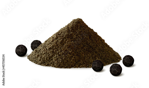 Pile of ground black pepper with several peppercorns. Realistic vector illustration.