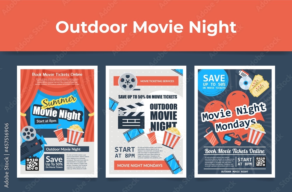 Set outdoor movie night poster vector flat cartoon illustration