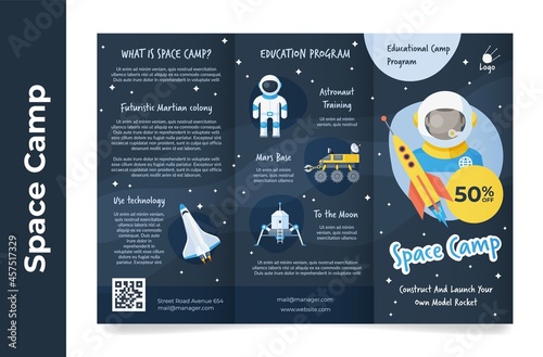 Educational space camp booklet trifold with spaceman shuttle vector flat illustration cosmos travel