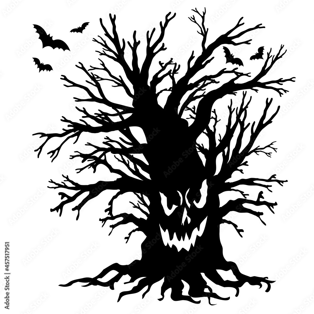 Fototapeta premium Halloween tree with scary face. Halloween oak silhouette with bats. Party design template. Vector