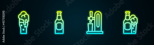 Set line Glass of beer, Beer bottle, tap with glass and and. Glowing neon icon. Vector