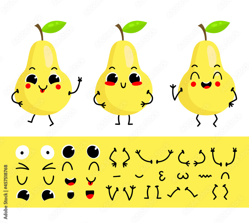 Pear. Set for creating funny cartoon character pear. Character constructor vector illustration. Pear. Set for creating funny cartoon character pear. Character constructor vector illustration.