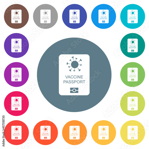 Vaccine passport flat white icons on round color backgrounds