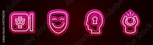 Set line Psychology, Psi, Comedy theatrical mask, Solution to problem and Anger. Glowing neon icon. Vector