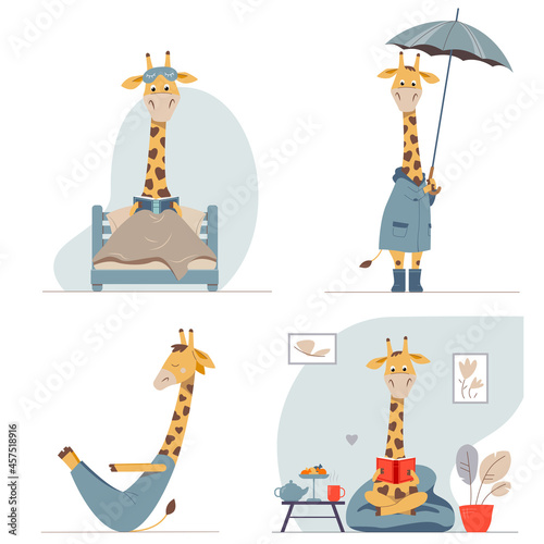 Set of vector children illustrations with funny cartton giraffe. Cute animals in different situations. Kids character.