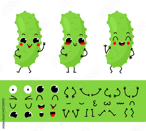 Cucumber. Set for creating funny cartoon character cucumber. Character constructor vector illustration.