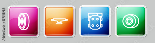 Set line Skateboard ball bearing, wheel, Knee pads and . Colorful square button. Vector