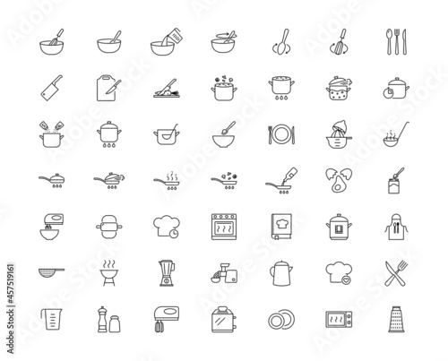 Cooking icons set. Kitchen utensils, boiling, frying, chef hat, cooking book photo