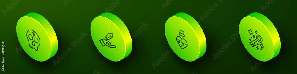 Set Isometric line Skull, Magic stone, Bottle with potion and Old magic key icon. Vector Set Isometric line Skull, Magic stone, Bottle with potion and Old magic key icon. Vector