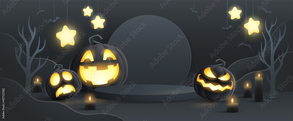 Halloween fantasy black theme product display podium on paper graphic background with group of 3D illustration Jack O lantern pumpkin and candle light.