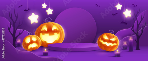 Halloween fantasy purple theme product display podium on paper graphic background with group of 3D illustration Jack O lantern pumpkin and candle light.