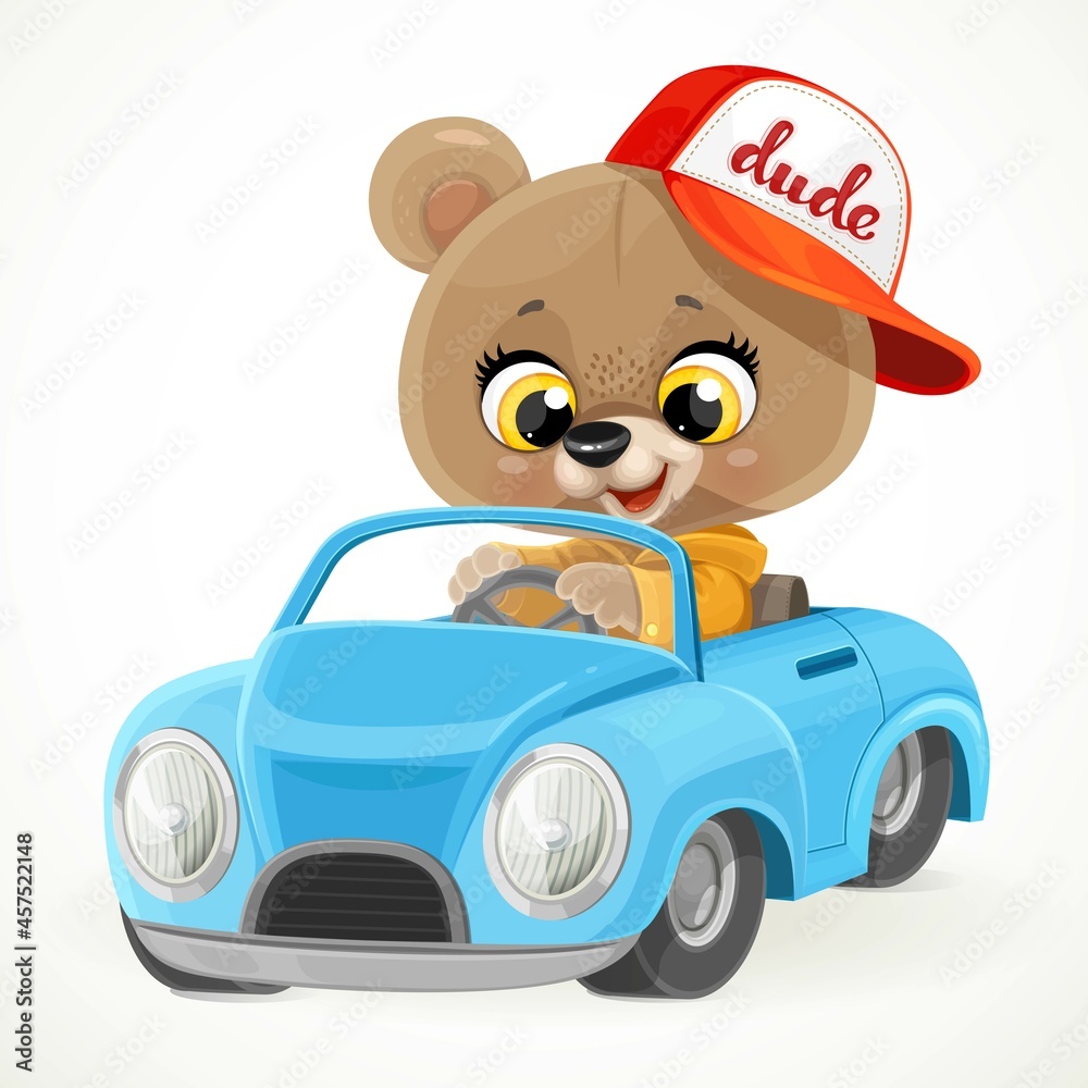 Cute cartoon baby bear rides a blue little toy car for children isolated on  white background Stock Vector | Adobe Stock
