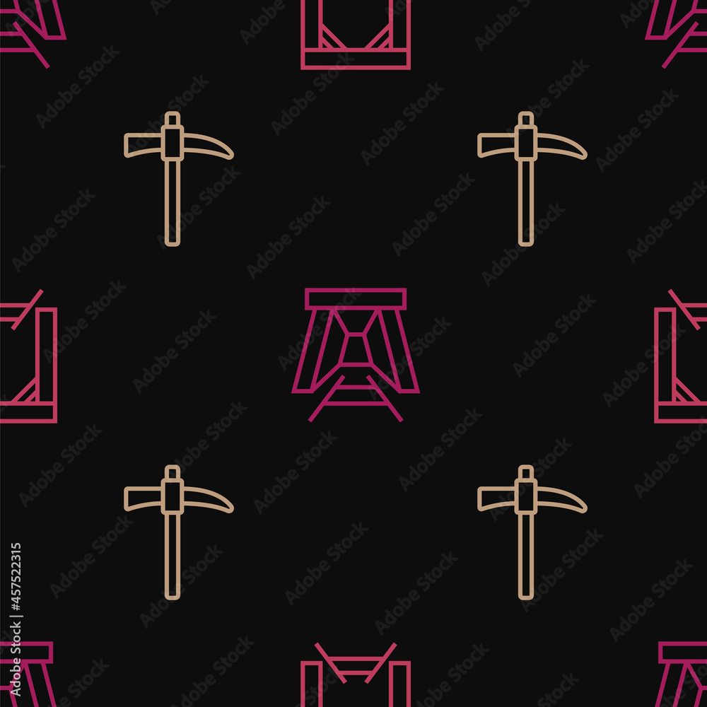 Set line Mine entrance, Pickaxe and on seamless pattern. Vector