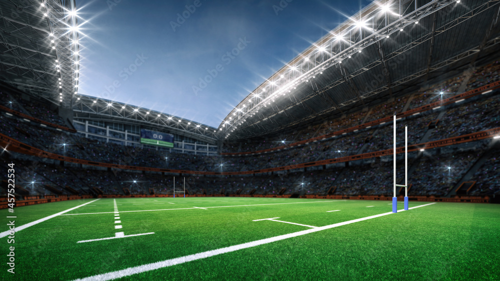 Rugby professional stadium with goal post, grassy playground and fan crowd on background. View from the corner of the field. Digital 3D illustration for sport advertisement.