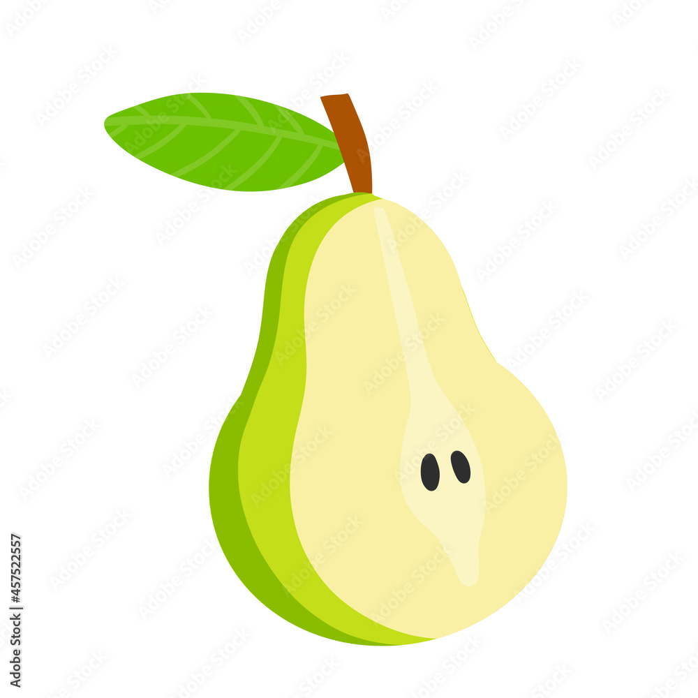 Pear. Half green sweet fruit with a leaf. Veggie food. Natural product. Flat cartoon illustration Pear. Half green sweet fruit with a leaf. Veggie food. Natural product. Flat cartoon illustration