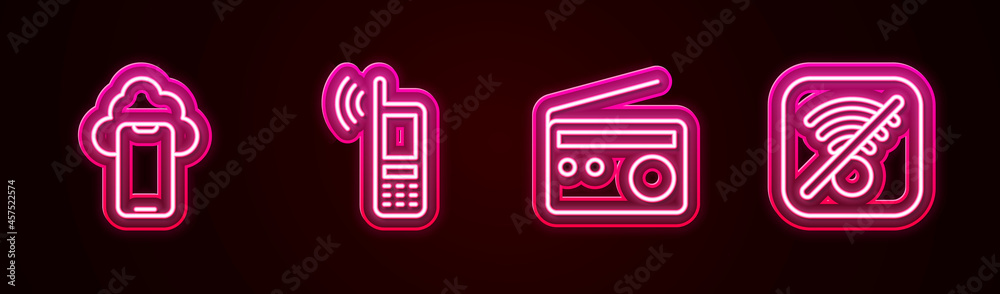 Set line Cloud technology data, Mobile with wi-fi wireless, Radio and No Wi-Fi internet. Glowing neon icon. Vector Set line Cloud technology data, Mobile with wi-fi wireless, Radio and No Wi-Fi internet. Glowing neon icon. Vector