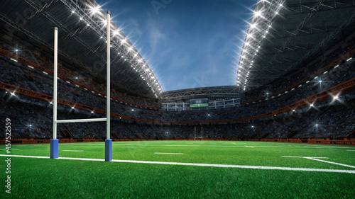 Rugby professional stadium with goal post, grassy playground and fan crowd on background. View from behind the goal. Digital 3D illustration for sport advertisement.