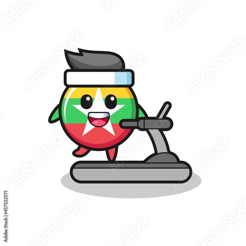 myanmar flag badge cartoon character walking on the treadmill