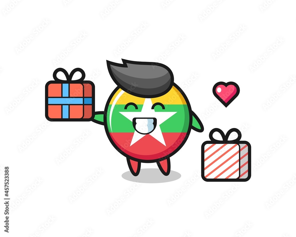 myanmar flag badge mascot cartoon giving the gift