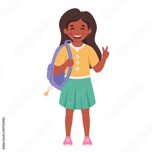Girl with braces on teeth. Elementary school student. Vector illustration