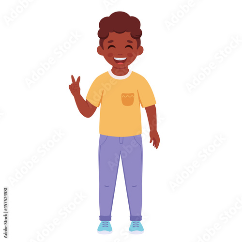 Black boy with braces on teeth. Elementary school student. Vector illustration