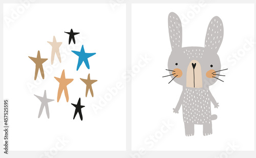 Hand Drawn Vector Illustration with Cute Gray Baby Bunny and Colorful Stars Isolated on a White Background. Infantile Style Nursery Art ideal for Card, Wall Art, Poster. Funny Sweet Rabbit.