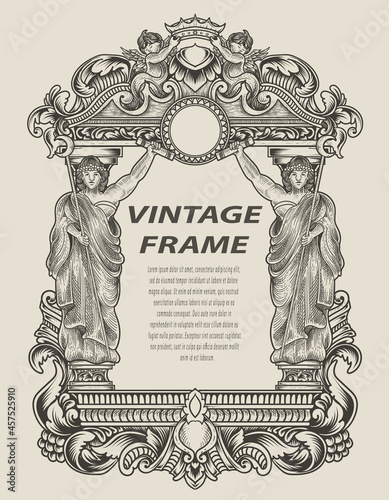 illustration antique engraving frame monochrome style