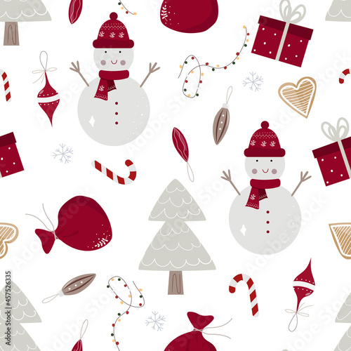 Christmas seamless pattern with christmas tree, snowman, gift, decoration, candy cane, garland, snowflake on white background