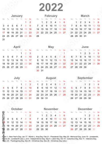 Einfacher Kalender 2022 mit gesetzlichen Feiertagen für die USA