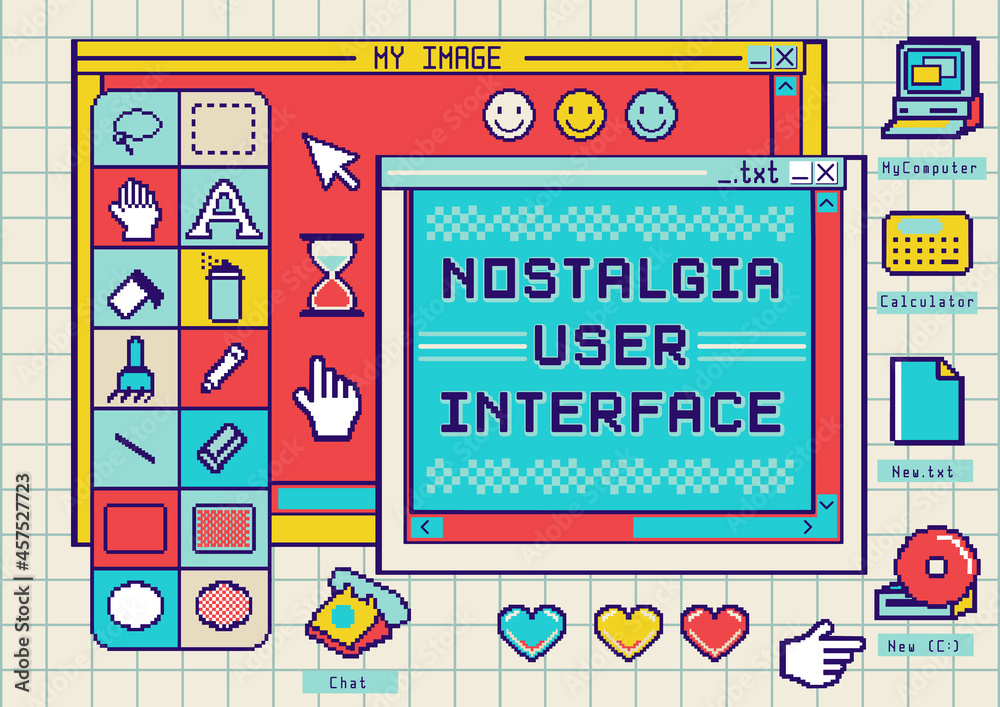Nostalgia user interface with window box and folders. Retro desktop pc elements.Technology illustration in trendy retrowave style. Nostalgia for 80's -90's. Nostalgia user interface with window box and folders. Retro desktop pc elements.Technology illustration in trendy retrowave style. Nostalgia for 80's -90's.