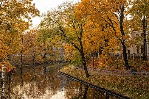 A panoramic view of a water channel in a park in Riga 