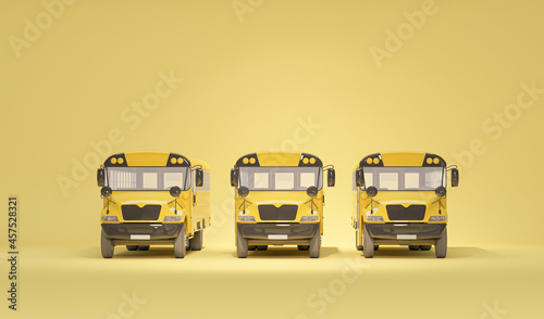 Many school bus isolated on pastel yellow background, concept of going back to school. Simple isolated school illustration. Trendy 3d render for social media banners, promotion, flyer © Tiviland