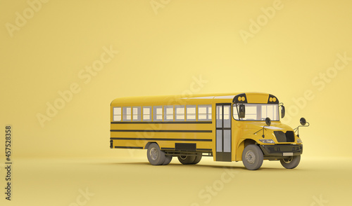 School bus isolated on pastel yellow background, concept of going back to school. Simple isolated school illustration. Trendy 3d render for social media banners, promotion, flyer
