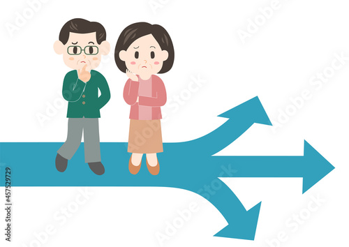 岐路に立つ中年夫婦のイラスト