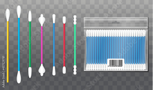 realistic cotton buds swap isolated, wool ear stick medical hygiene, various buds swabs blank plastic.