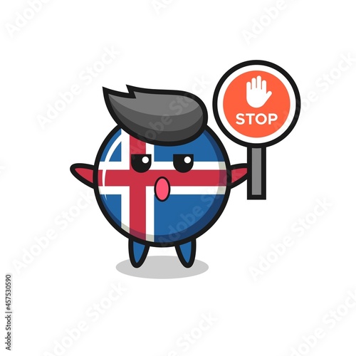 iceland flag character illustration holding a stop sign