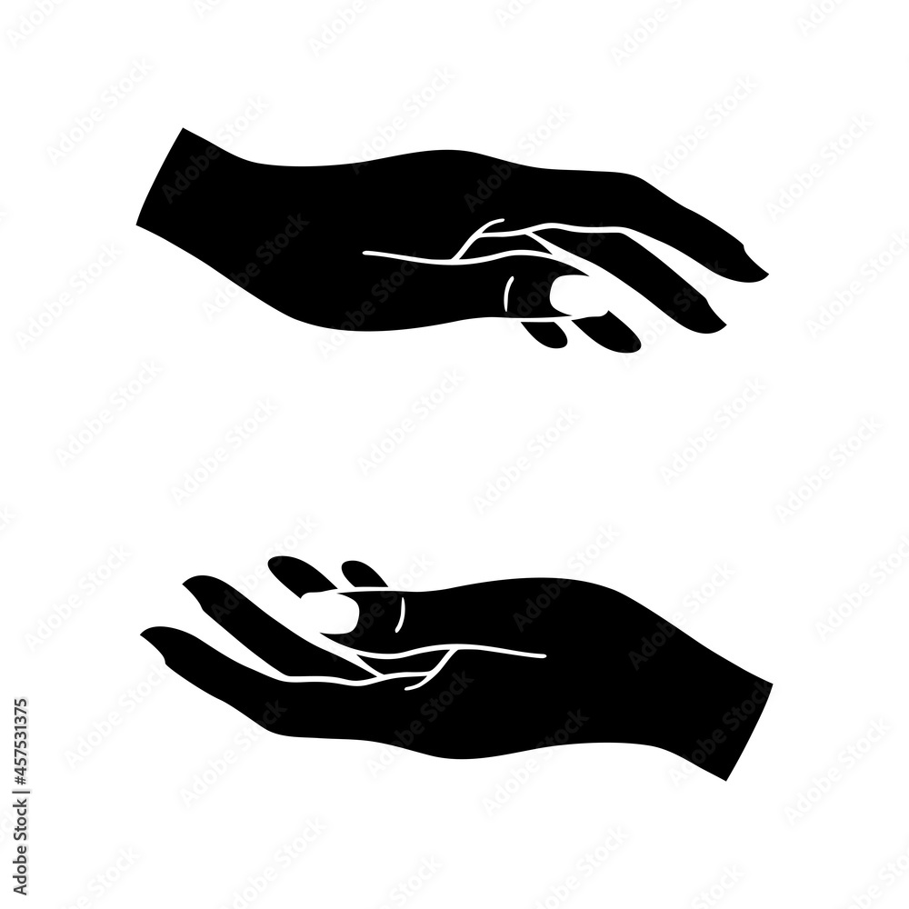 Hand drawn woman hands in line art. Spiritual symbol of female hands. Icon talisman, antique style, boho, tattoo, logo. Vector illustration isolated on white background. Hand drawn woman hands in line art. Spiritual symbol of female hands. Icon talisman, antique style, boho, tattoo, logo. Vector illustration isolated on white background.