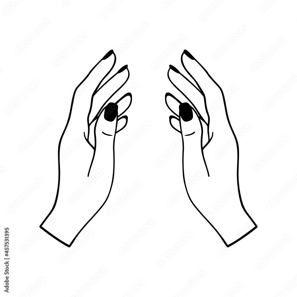 Hand drawn woman hands in line art. Spiritual symbol of female hands. Icon talisman, antique style, boho, tattoo, logo. Vector illustration isolated on white background. Hand drawn woman hands in line art. Spiritual symbol of female hands. Icon talisman, antique style, boho, tattoo, logo. Vector illustration isolated on white background.