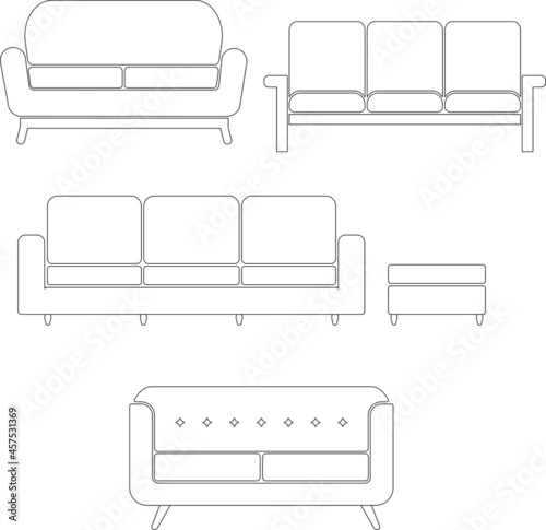 家具　インテリア　白黒　線画　ソファ　セット